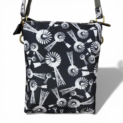 Cotton Road Sling Bag: BLUE Canvas Mini Sling Bag with WINDMILLS