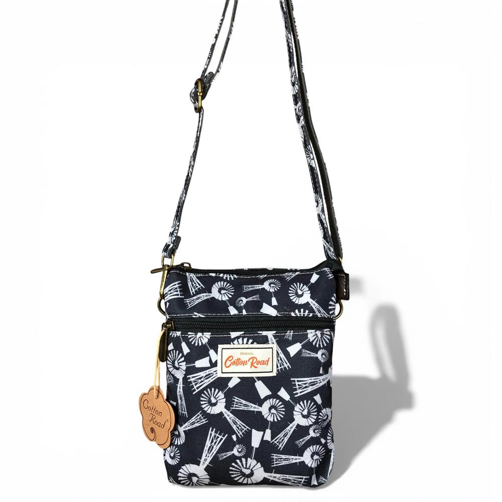 Cotton Road Sling Bag: BLUE Canvas Mini Sling Bag with WINDMILLS