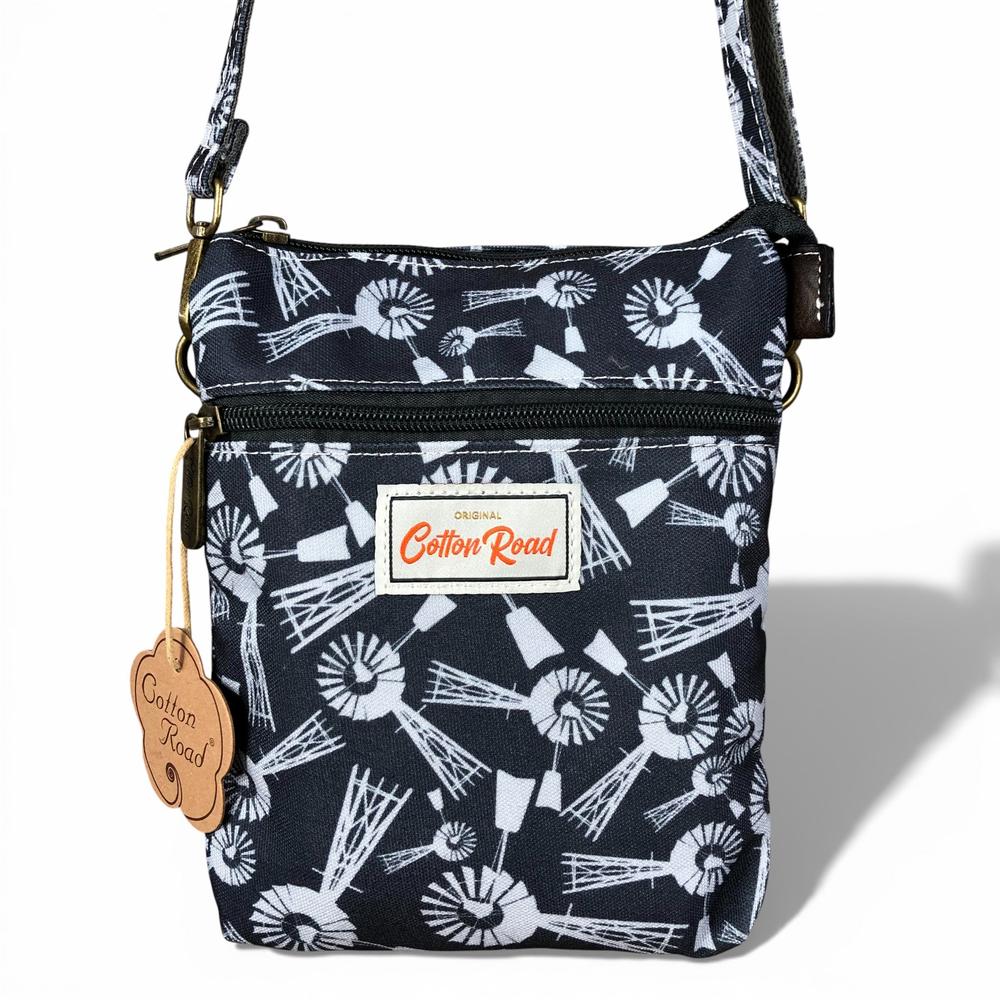 Cotton Road Sling Bag: BLUE Canvas Mini Sling Bag with WINDMILLS