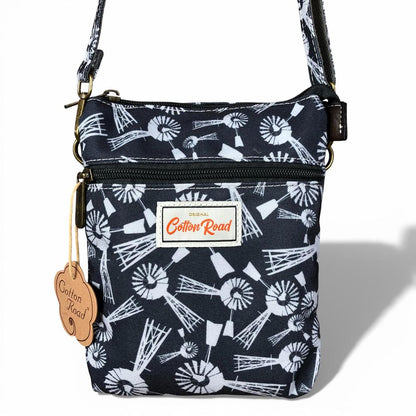 Cotton Road Sling Bag: BLUE Canvas Mini Sling Bag with WINDMILLS