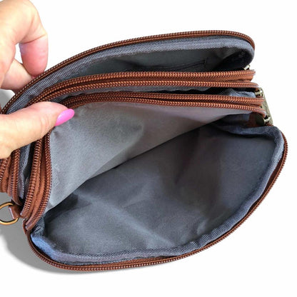 Cotton Road Sling Bag: BROWN EMBROIDERED FLORAL PU Leather Mini Sling Bag