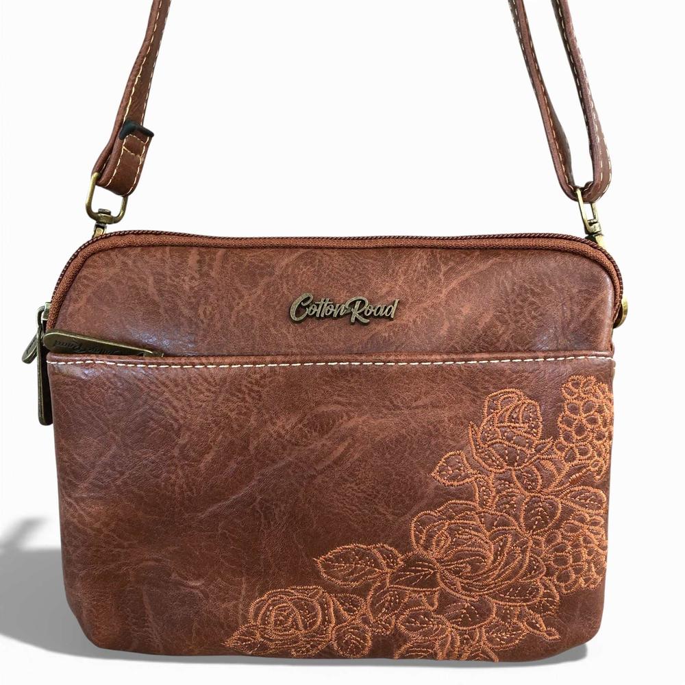Cotton Road Sling Bag: BROWN EMBROIDERED FLORAL PU Leather Mini Sling Bag FRONT VIEW