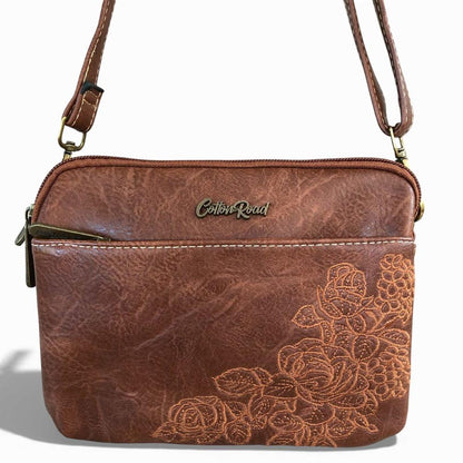 Cotton Road Sling Bag: BROWN EMBROIDERED FLORAL PU Leather Mini Sling Bag FRONT VIEW