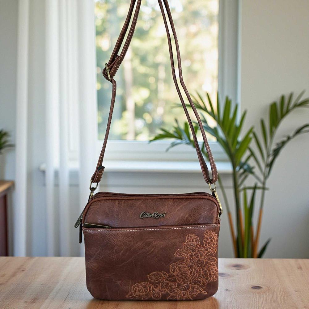 Cotton Road Sling Bag: BROWN EMBROIDERED FLORAL PU Leather Mini Sling Bag LIFESTYLE