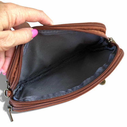 Cotton Road Sling Bag: BROWN EMBROIDERED FLORAL PU Leather Mini Sling Bag MAIN OPEN