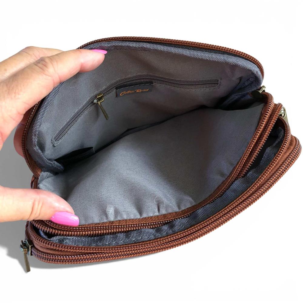 Cotton Road Sling Bag: BROWN EMBROIDERED FLORAL PU Leather Mini Sling Bag OPEN