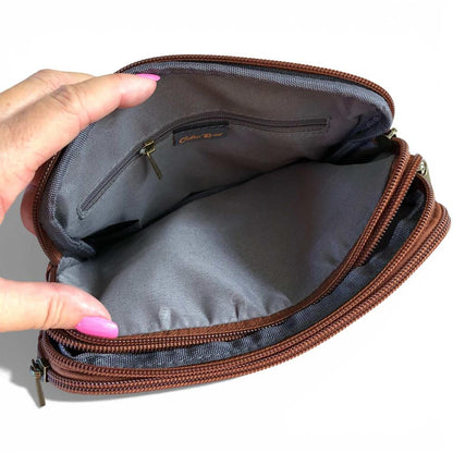 Cotton Road Sling Bag: BROWN EMBROIDERED FLORAL PU Leather Mini Sling Bag OPEN
