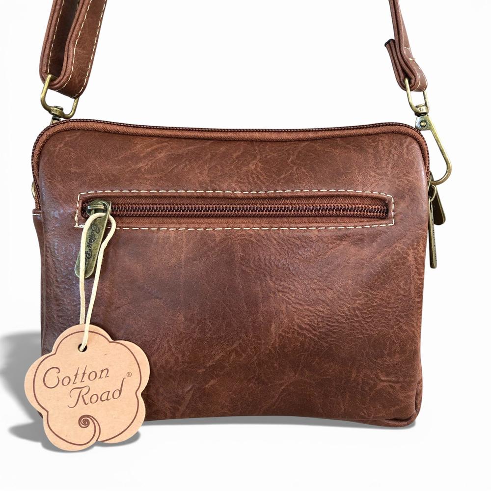 Cotton Road Sling Bag: BROWN EMBROIDERED FLORAL PU Leather Mini Sling Bag REAR VIEW