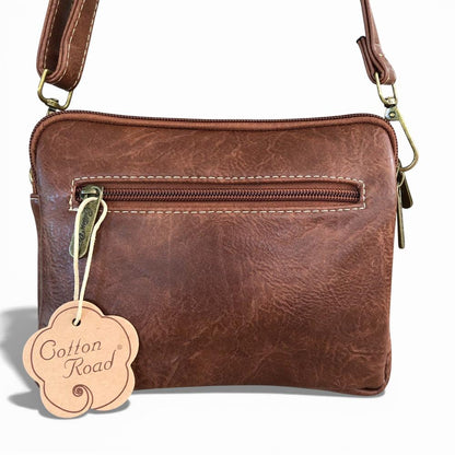 Cotton Road Sling Bag: BROWN EMBROIDERED FLORAL PU Leather Mini Sling Bag REAR VIEW