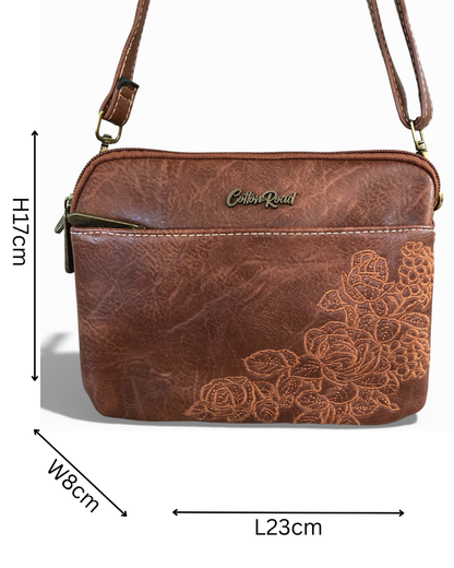 Cotton Road Sling Bag: BROWN EMBROIDERED FLORAL PU Leather Mini Sling Bag SIZED