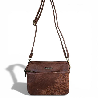 Cotton Road Sling Bag: BROWN EMBROIDERED FLORAL PU Leather Mini Sling Bag