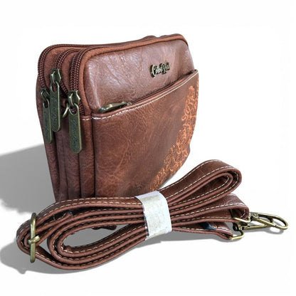 Cotton Road Sling Bag: BROWN EMBROIDERED FLORAL PU Leather Mini Sling Bag WITH SLING