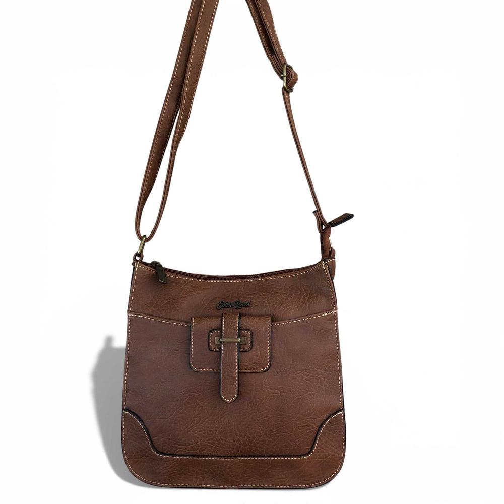 Cotton Road Sling Bag: BROWN PU Leather Sling Bag HANGING