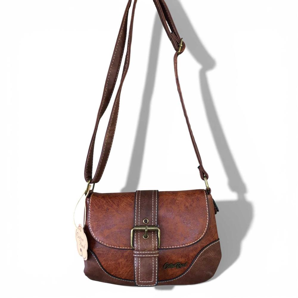 Cotton Road Sling Bag: BROWN PU Leather Sling Bag with BUCKLE CLIP ON WHITE