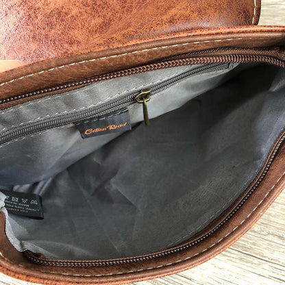 Cotton Road Sling Bag: BROWN PU Leather Sling Bag with BUCKLE CLIP OPEN VIEW