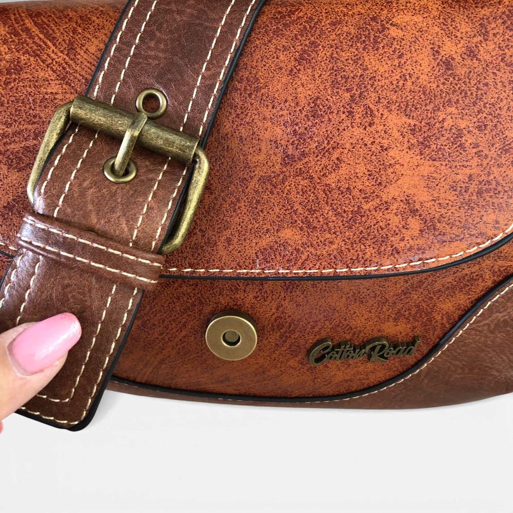 Cotton Road Sling Bag: BROWN PU Leather Sling Bag with BUCKLE CLIP VIEW