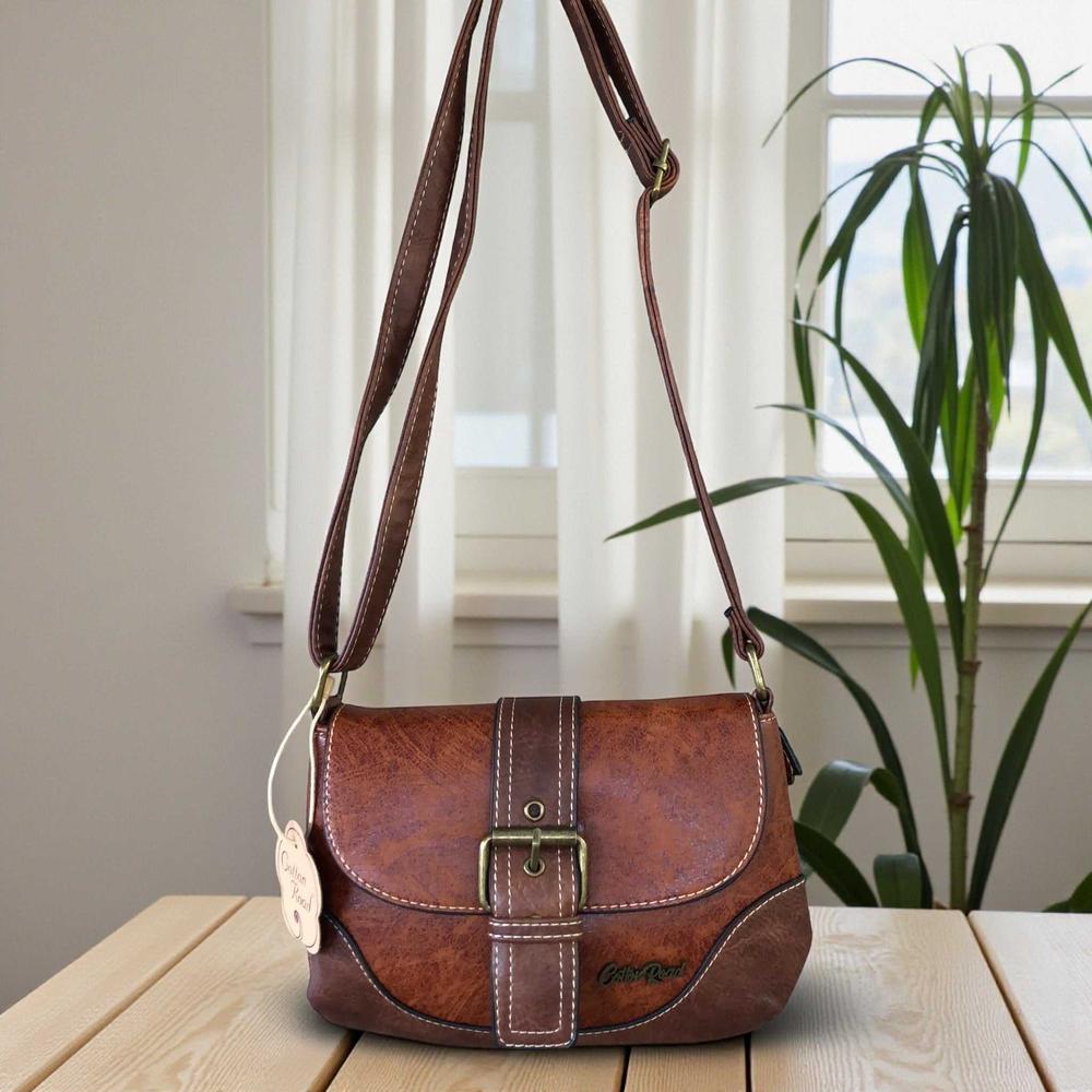 Cotton Road Sling Bag: BROWN PU Leather Sling Bag with BUCKLE CLIP FRONT VIEW
