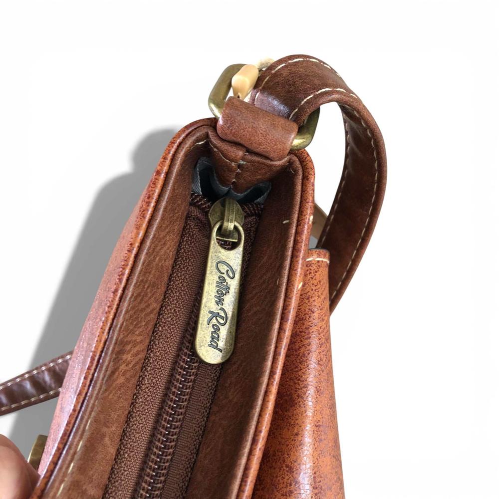 Cotton Road Sling Bag: BROWN PU Leather Sling Bag with BUCKLE CLIP ZIP