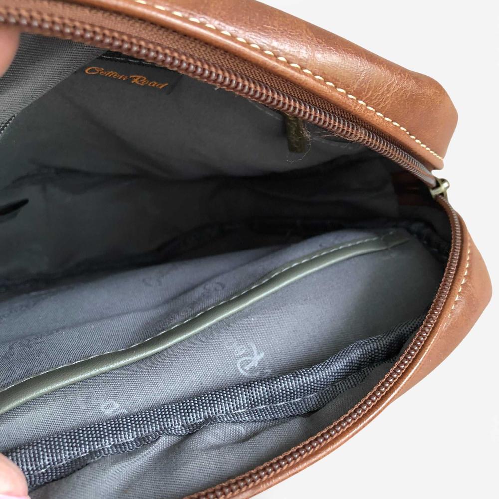 Cotton Road Sling Bag: BROWN PU Leather Sling Bag with Buckle detailing