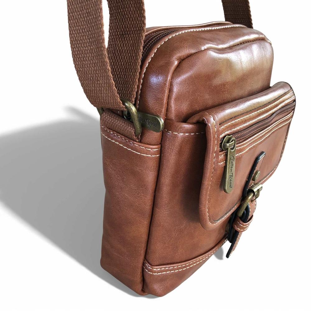 Cotton Road Sling Bag: BROWN PU Leather Sling Bag with Buckle detailing