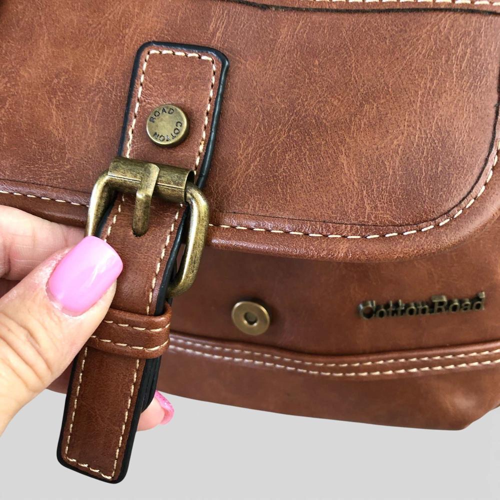 Cotton Road Sling Bag: BROWN PU Leather Sling Bag with Buckle detailing