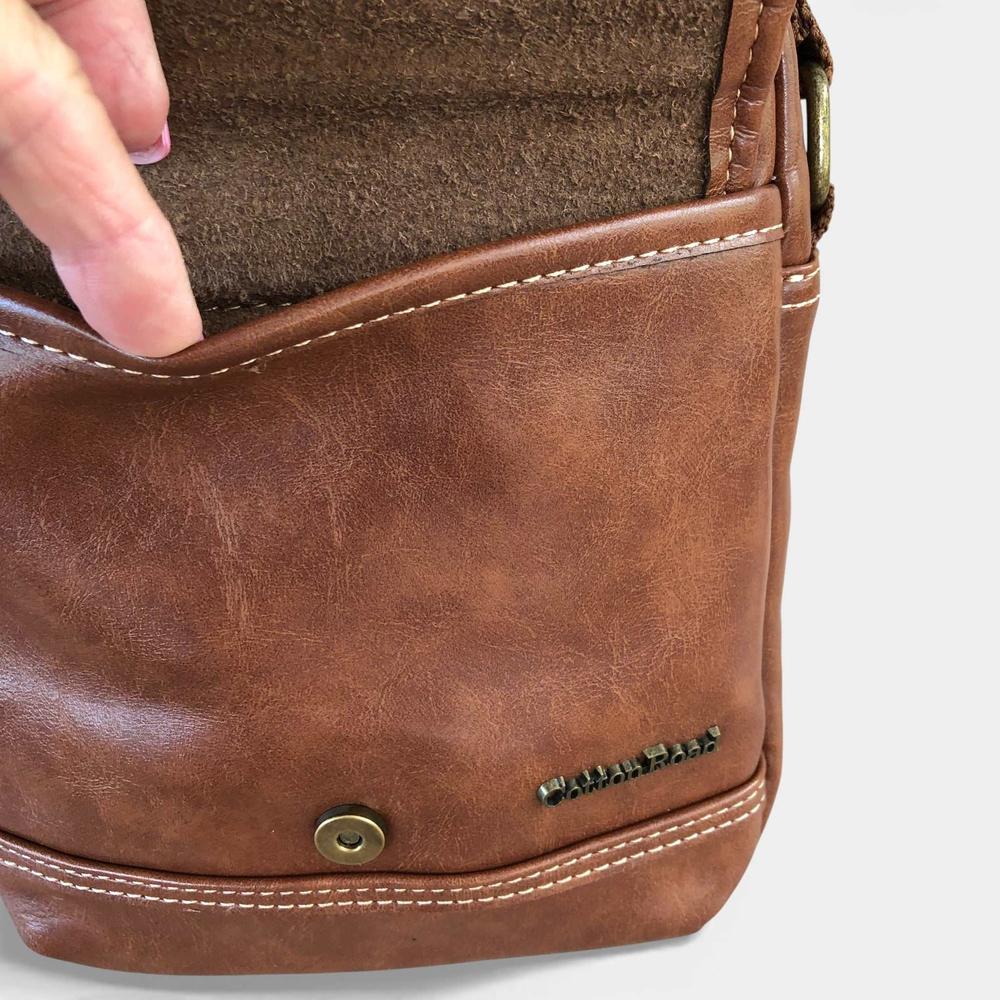 Cotton Road Sling Bag: BROWN PU Leather Sling Bag with Buckle detailing