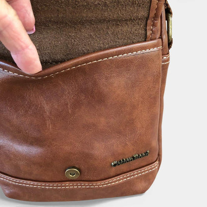 Cotton Road Sling Bag: BROWN PU Leather Sling Bag with Buckle detailing