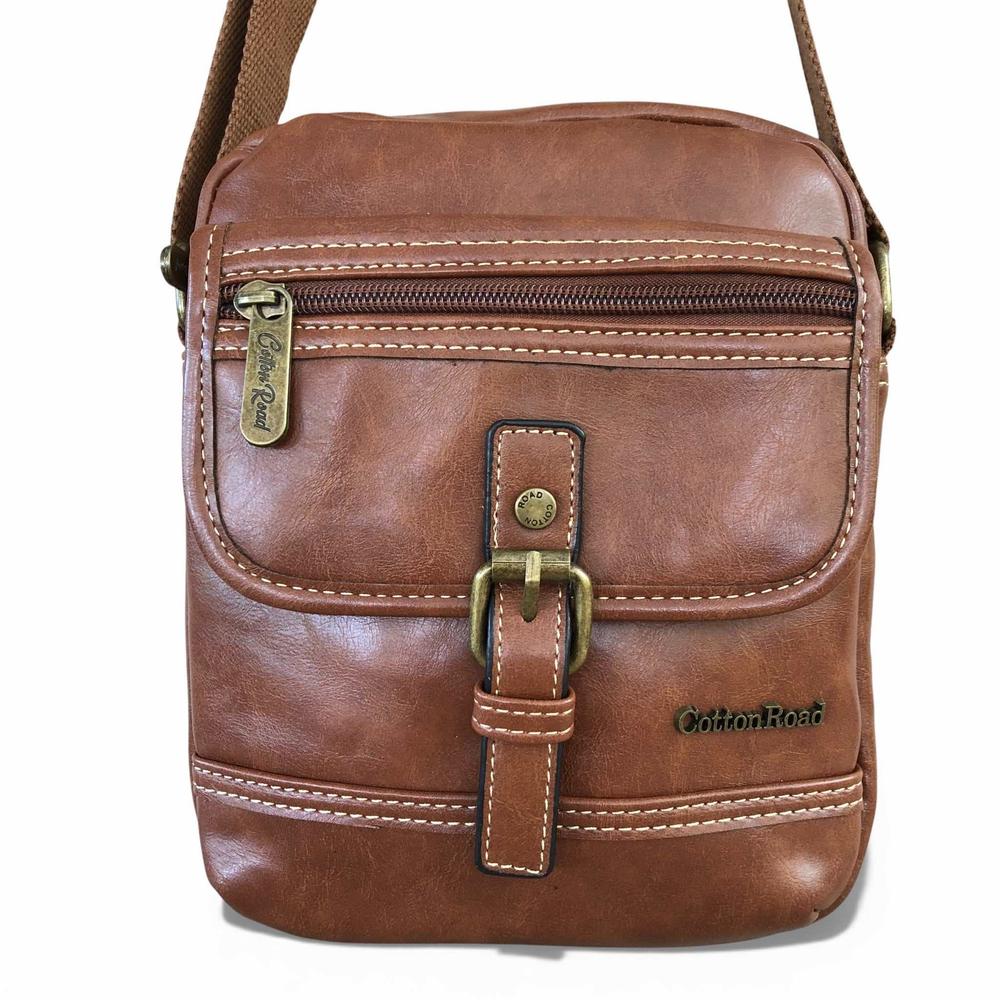 Cotton Road Sling Bag: BROWN PU Leather Sling Bag with Buckle detailing
