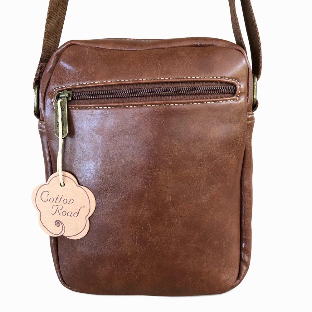 Cotton Road Sling Bag: BROWN PU Leather Sling Bag with Buckle detailing