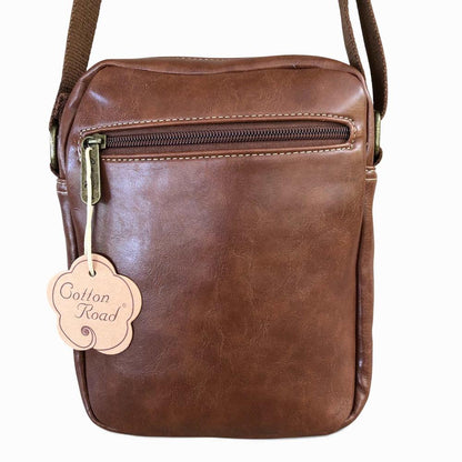 Cotton Road Sling Bag: BROWN PU Leather Sling Bag with Buckle detailing