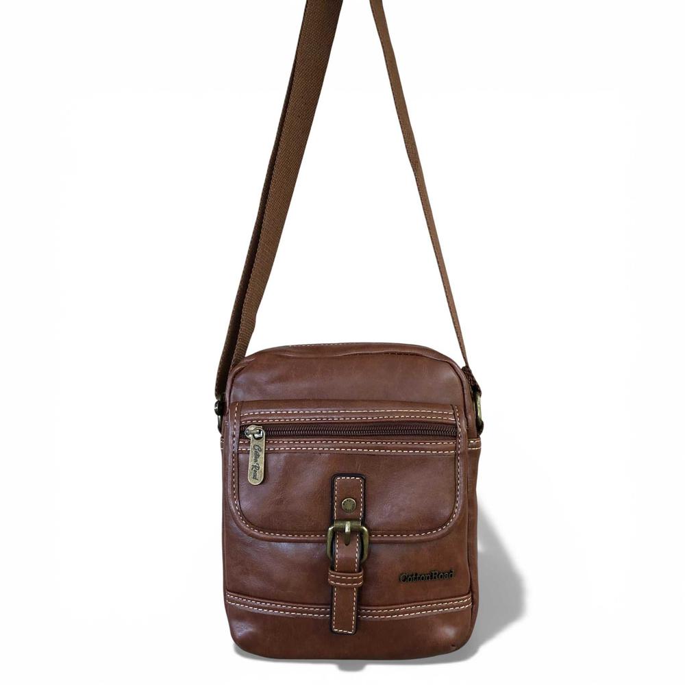 Cotton Road Sling Bag: BROWN PU Leather Sling Bag with Buckle detailing