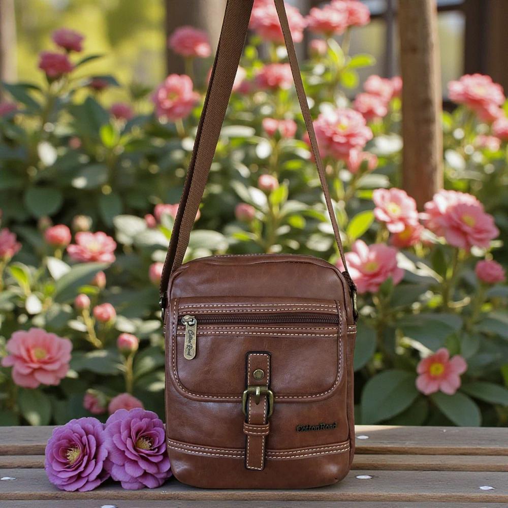 Cotton Road Sling Bag: BROWN PU Leather Sling Bag with Buckle detailing