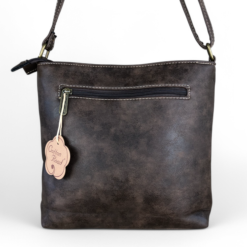 Cotton Road Sling Bag: BROWN PU Leather Sling Bag with STRAP detailing. One back zip compartment 