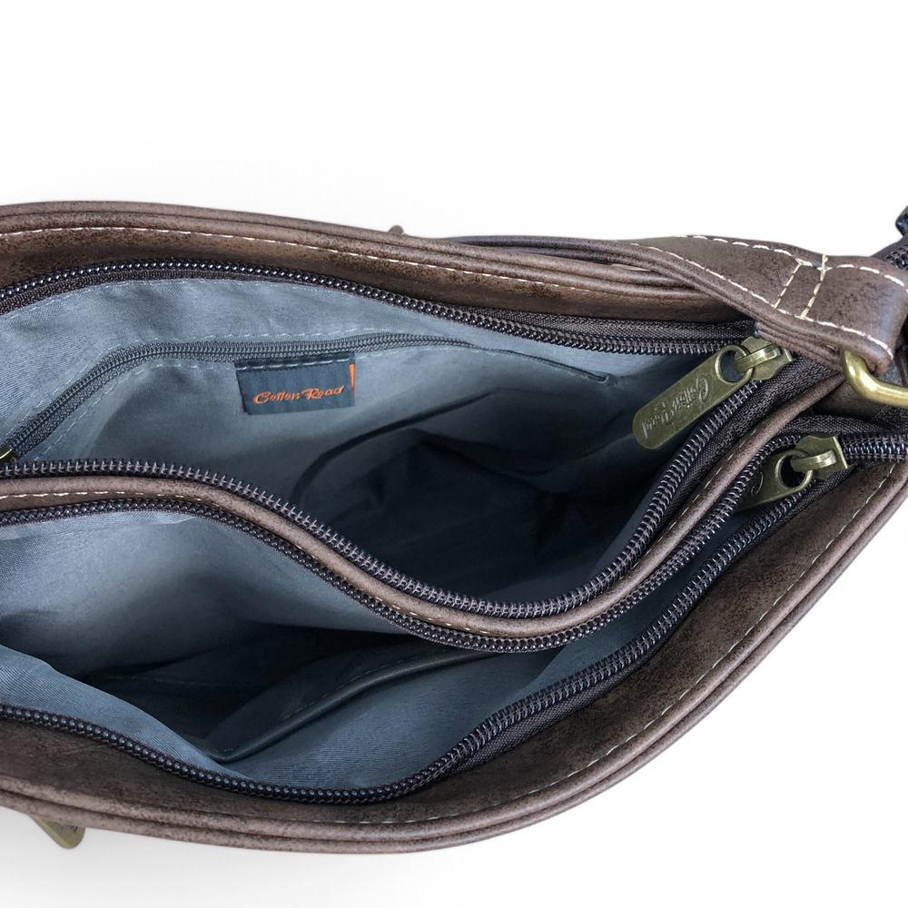 Cotton Road Sling Bag: BROWN PU Leather Sling Bag with STRAP detailing