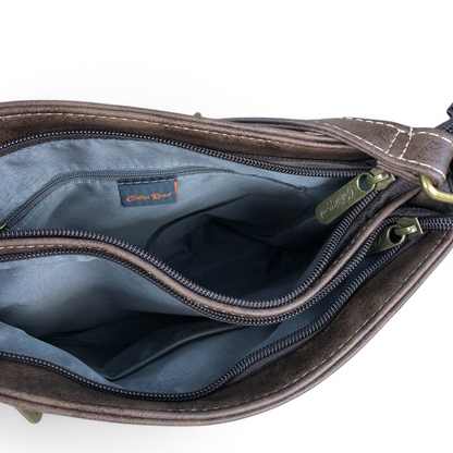 Cotton Road Sling Bag: BROWN PU Leather Sling Bag with STRAP detailing