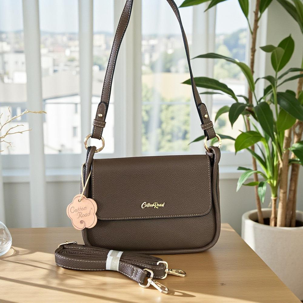 Cotton Road Sling Bag: BROWN PU Leather Sling Bag with Shoulder Strap