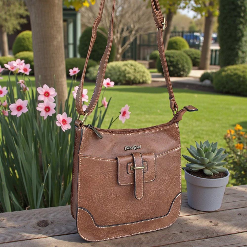Cotton Road Sling Bag: BROWN PU Leather Sling Bag IN GARDEN