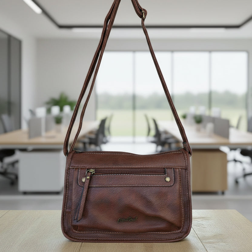 Cotton Road Sling Bag: BROWN PU Leather Sling Bag