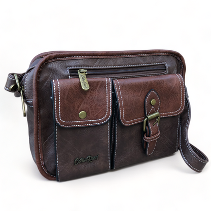 Cotton Road Sling Bag: BROWN PU Leather with Buckle detailing