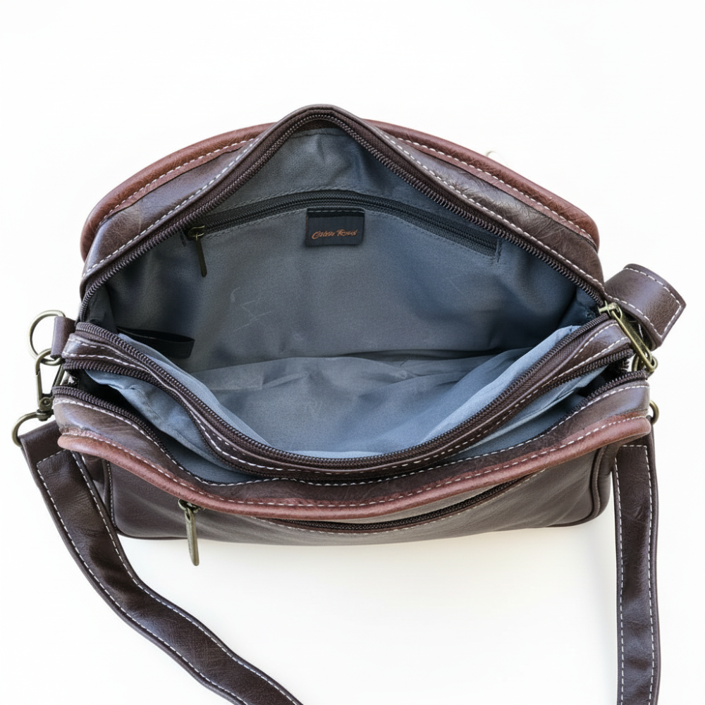 Cotton Road Sling Bag: BROWN PU Leather with Buckle detailing INTERIOR