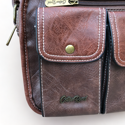 Cotton Road Sling Bag: BROWN PU Leather with Buckle detailing