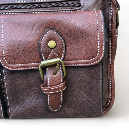 Cotton Road Sling Bag: BROWN PU Leather with Buckle detailing