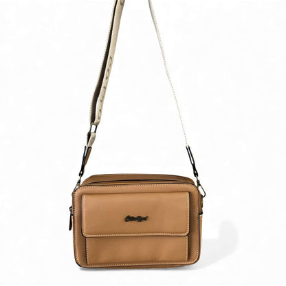 Cotton Road Sling Bag: CAMEL PU Leather Sling Bag with BRANDED STRAP