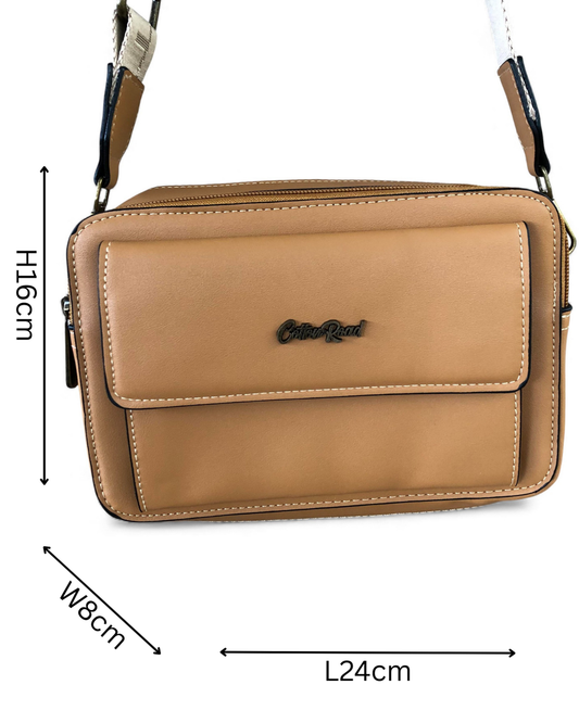 Cotton Road Sling Bag: CAMEL PU Leather Sling Bag with BRANDED STRAP