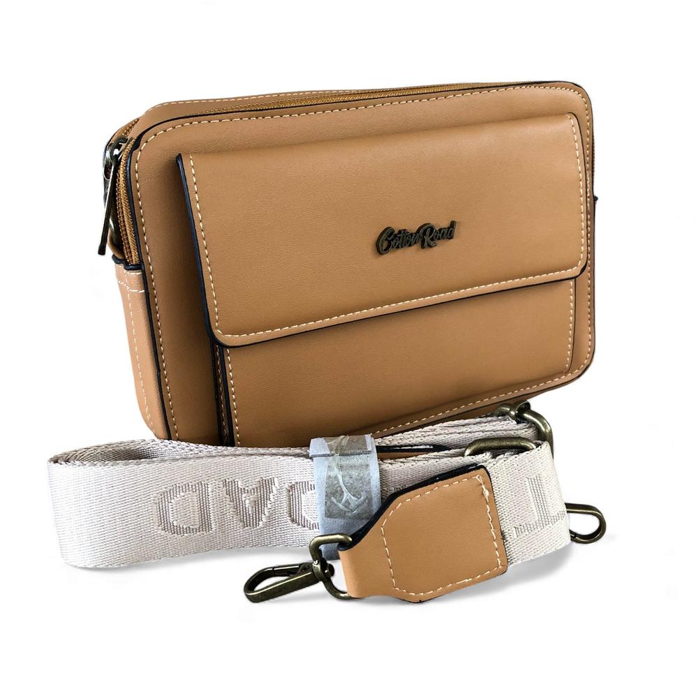 Cotton Road Sling Bag: CAMEL PU Leather Sling Bag with BRANDED STRAP