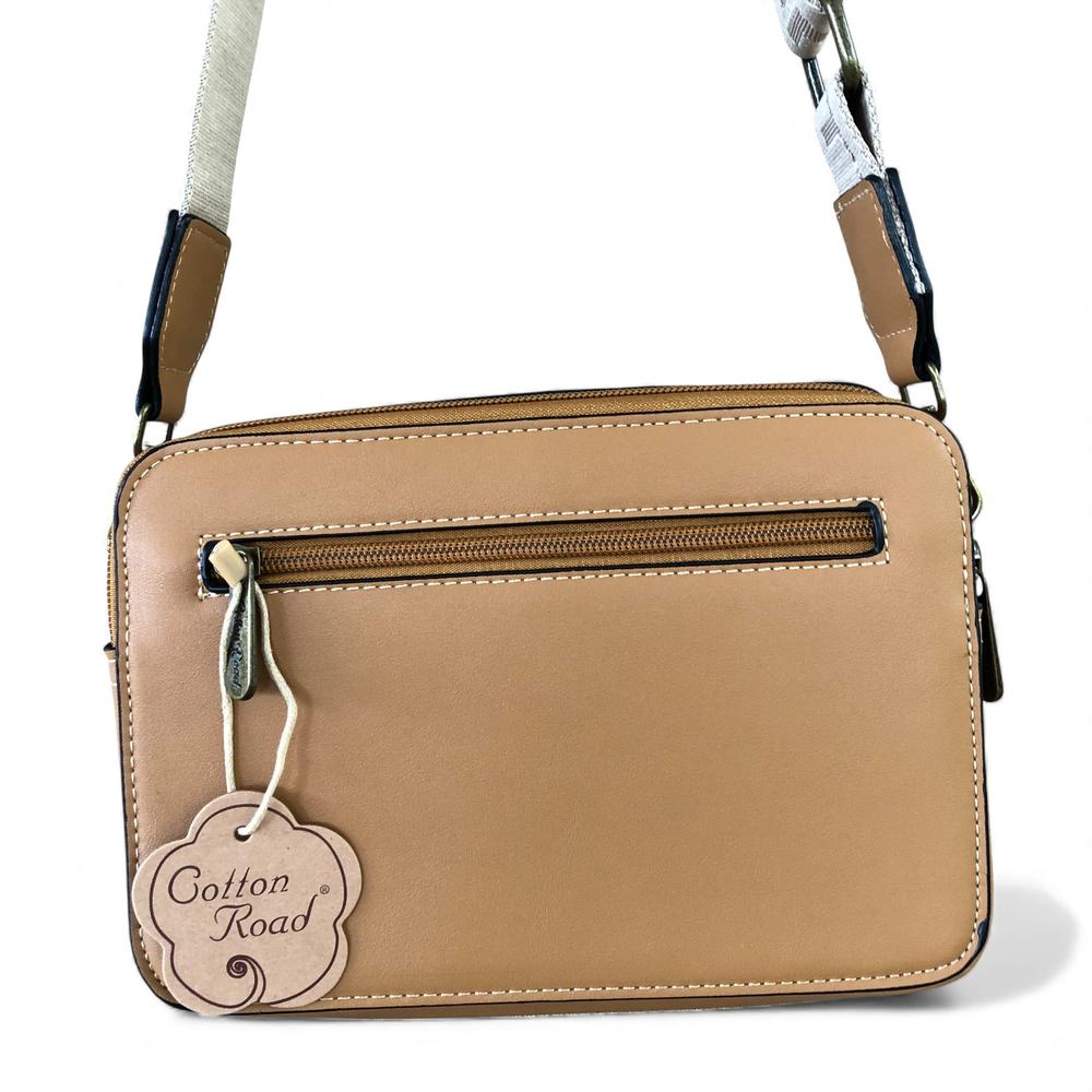Cotton Road Sling Bag: CAMEL PU Leather Sling Bag with BRANDED STRAP