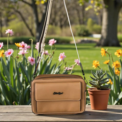 Cotton Road Sling Bag: CAMEL PU Leather Sling Bag with BRANDED STRAP