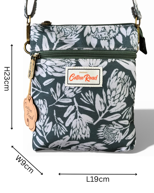 Cotton Road Sling Bag: GREEN Canvas Mini Sling Bag with PROTEAS