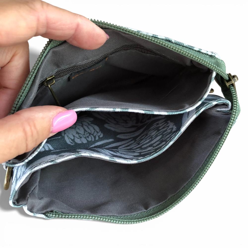 Cotton Road Sling Bag: GREEN Canvas Mini Sling Bag with PROTEAS