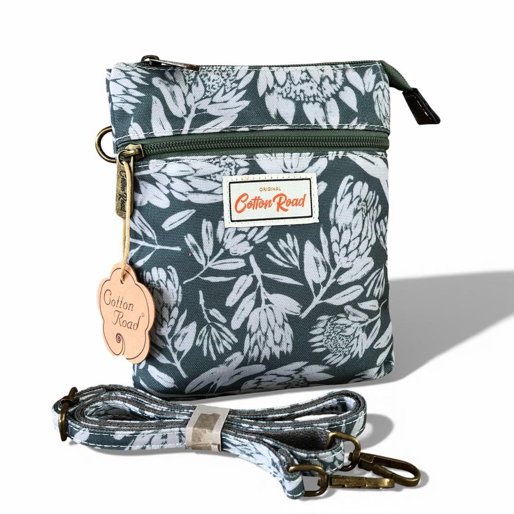 Cotton Road Sling Bag: GREEN Canvas Mini Sling Bag with PROTEAS